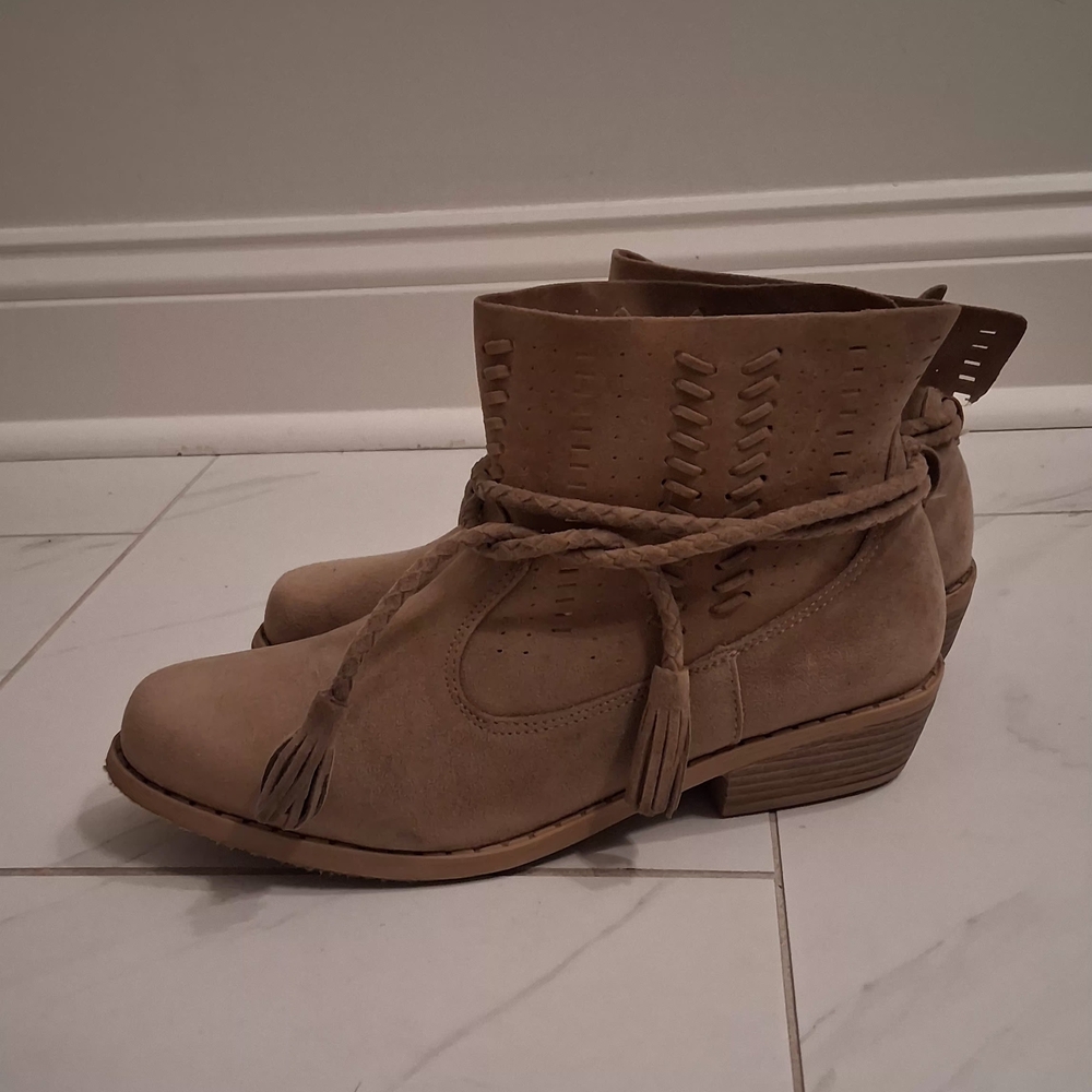 Braided Tassel Ankle Booties in Taupe Suede